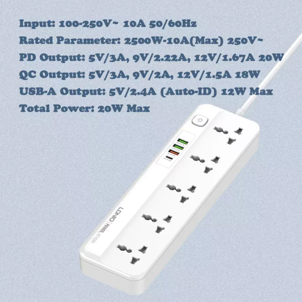 Ldnio Power Strip 5 UK 3 Usb A 1 Usb C SC5415s